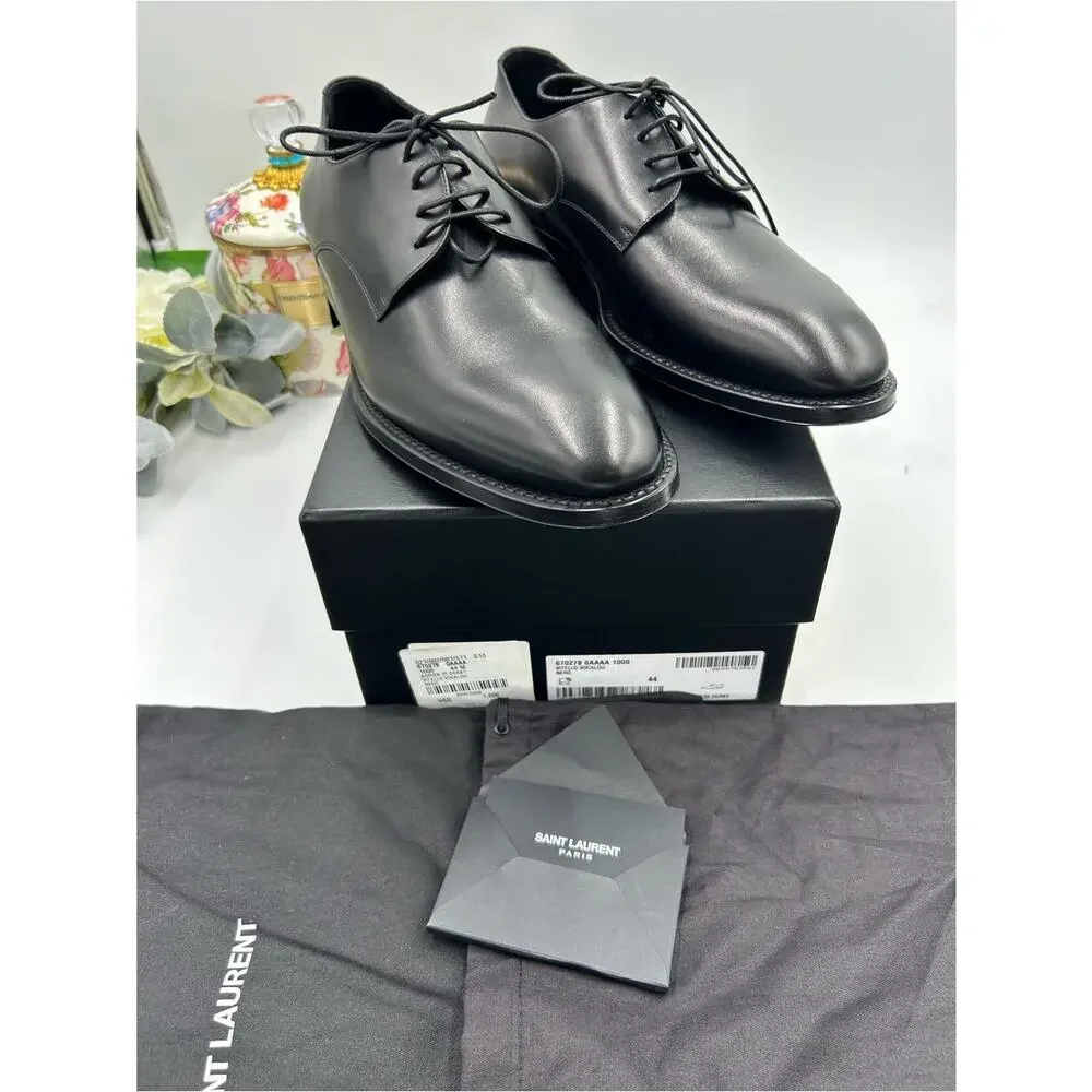 Men's Saint Laurent ADRIEN Derby shoes in Black glazed Leather size 44 Italy